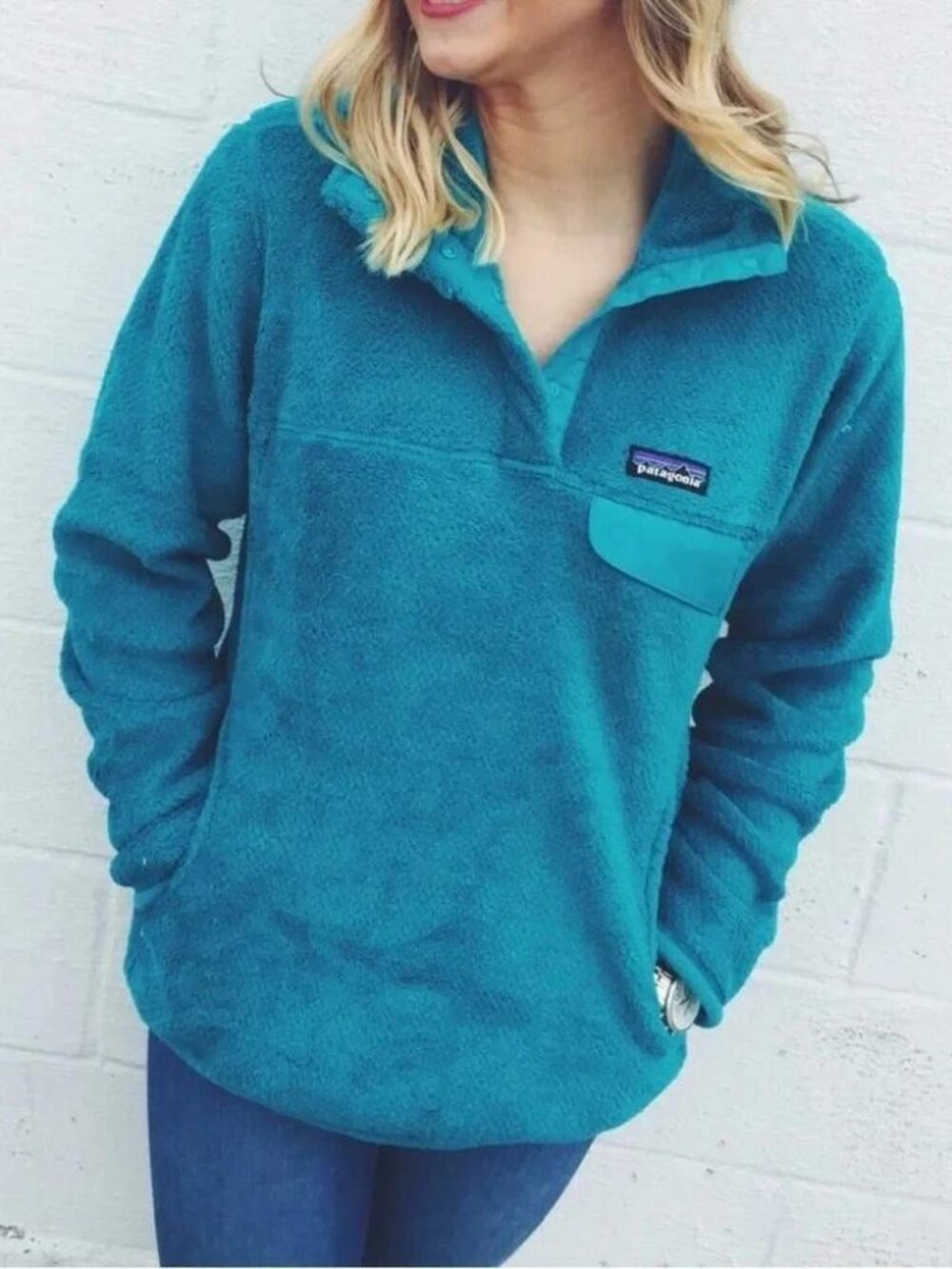 Patagonia Re-Tool Snap Fleece Pullover Women's Sz S Turquoise Pockets Polartec